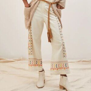 Anthropologie Cream Embroidered Cropped Pants
